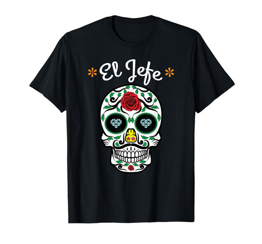 El Jefe Colorful Sugar Calavera Skull Dia De Los Muertos T-Shirt
