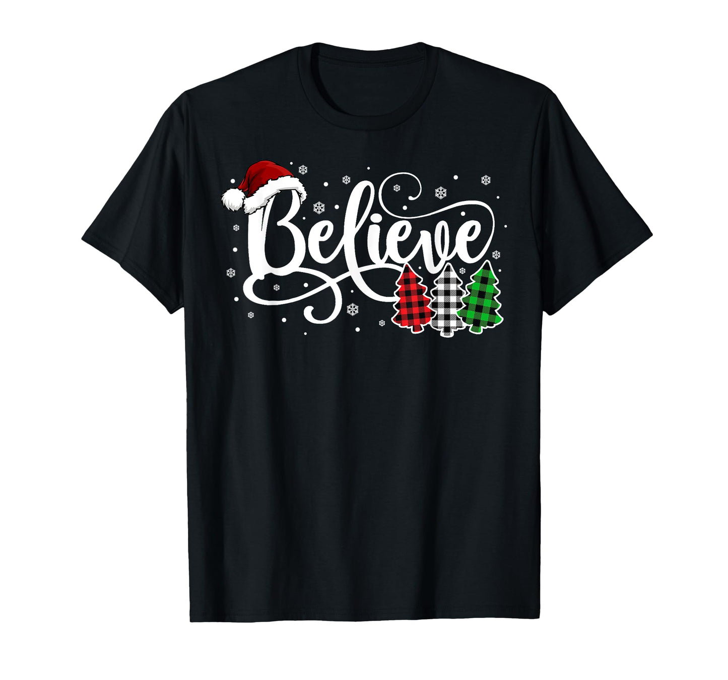 Christmas Believe Santa Claus Xmas Tree Family Buffalo Plaid T-Shirt