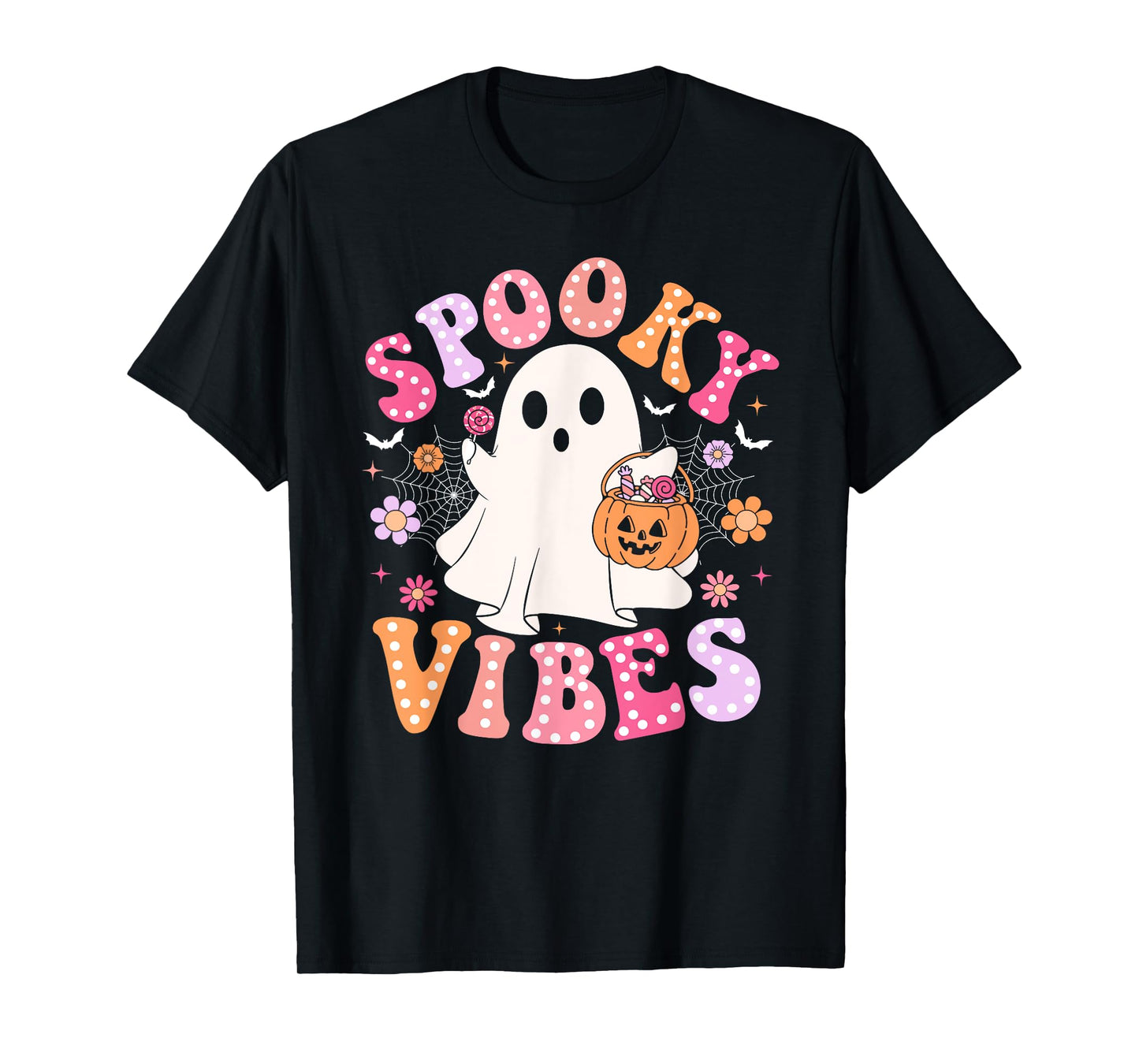 Spooky Vibes Ghost Retro Groovy Halloween Women Girls Kids T-Shirt