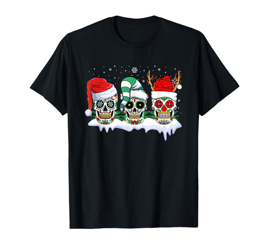 Mexican Calavera Skull Santa Flower Sugar Skull Christmas T-Shirt