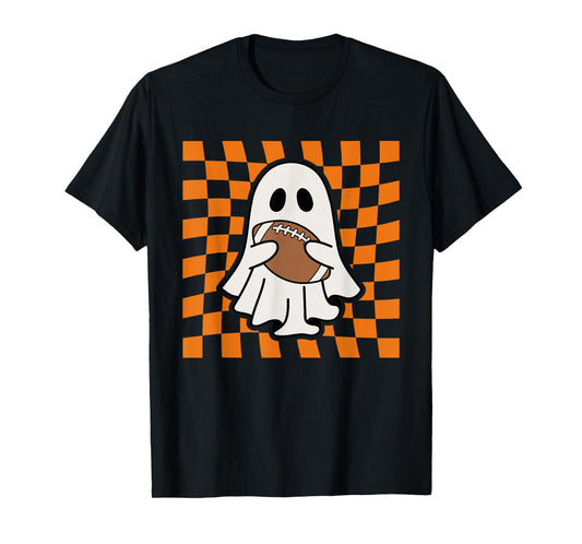 Groovy Halloween Ghost Football Checkered Boo Game Day Sport T-Shirt