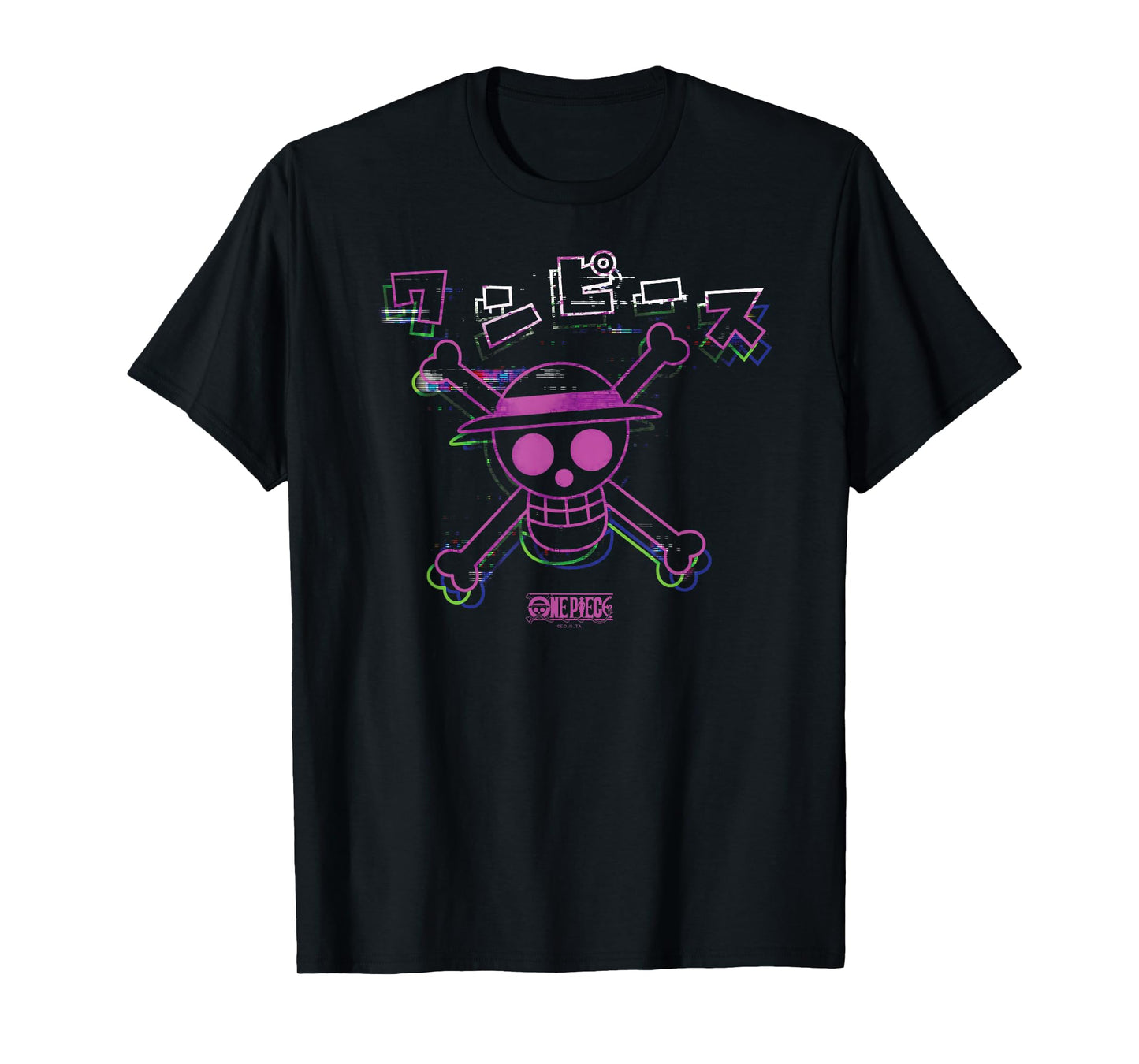One Piece Anime Colorful Straw Hat Glitch with Kanji T-Shirt