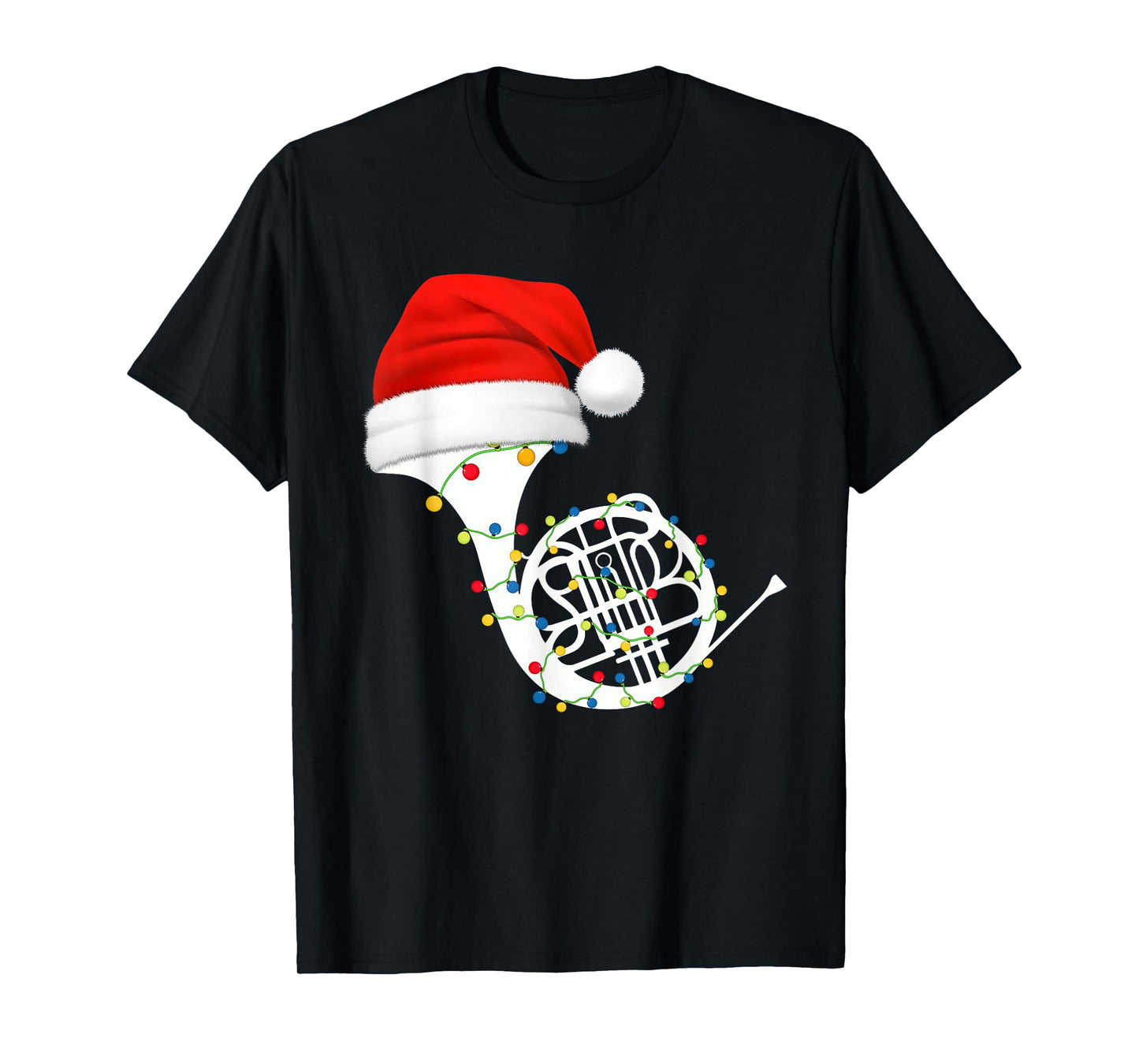 French Horn Christmas Santa Hat Lights Music Lover Xmas T-Shirt