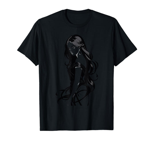 Sexy Waifu Anime Girl Japanese in Black and White Art T-Shirt