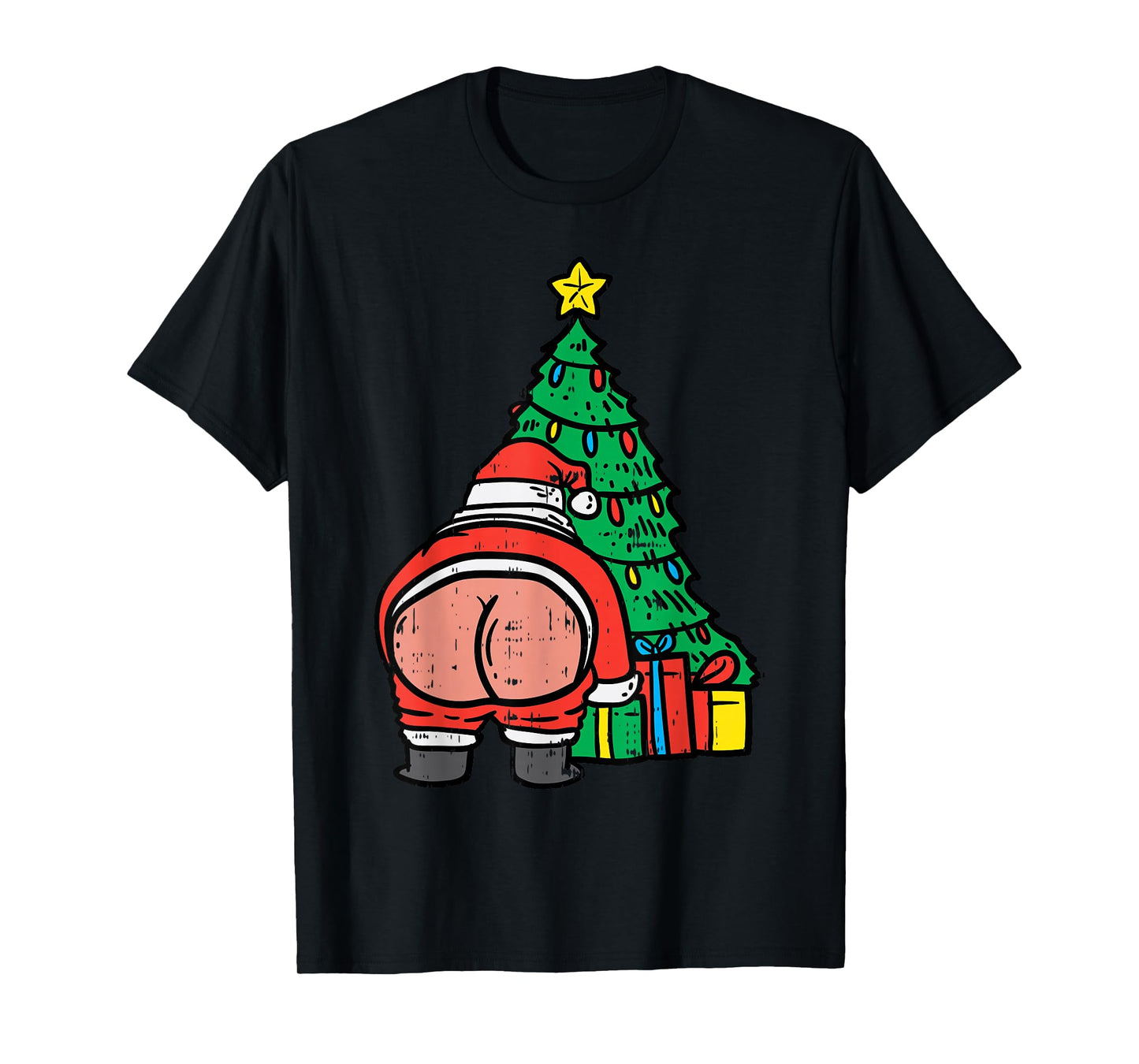 Santa Butt Christmas Tree Presents Funny Xmas Holiday PJ T-Shirt