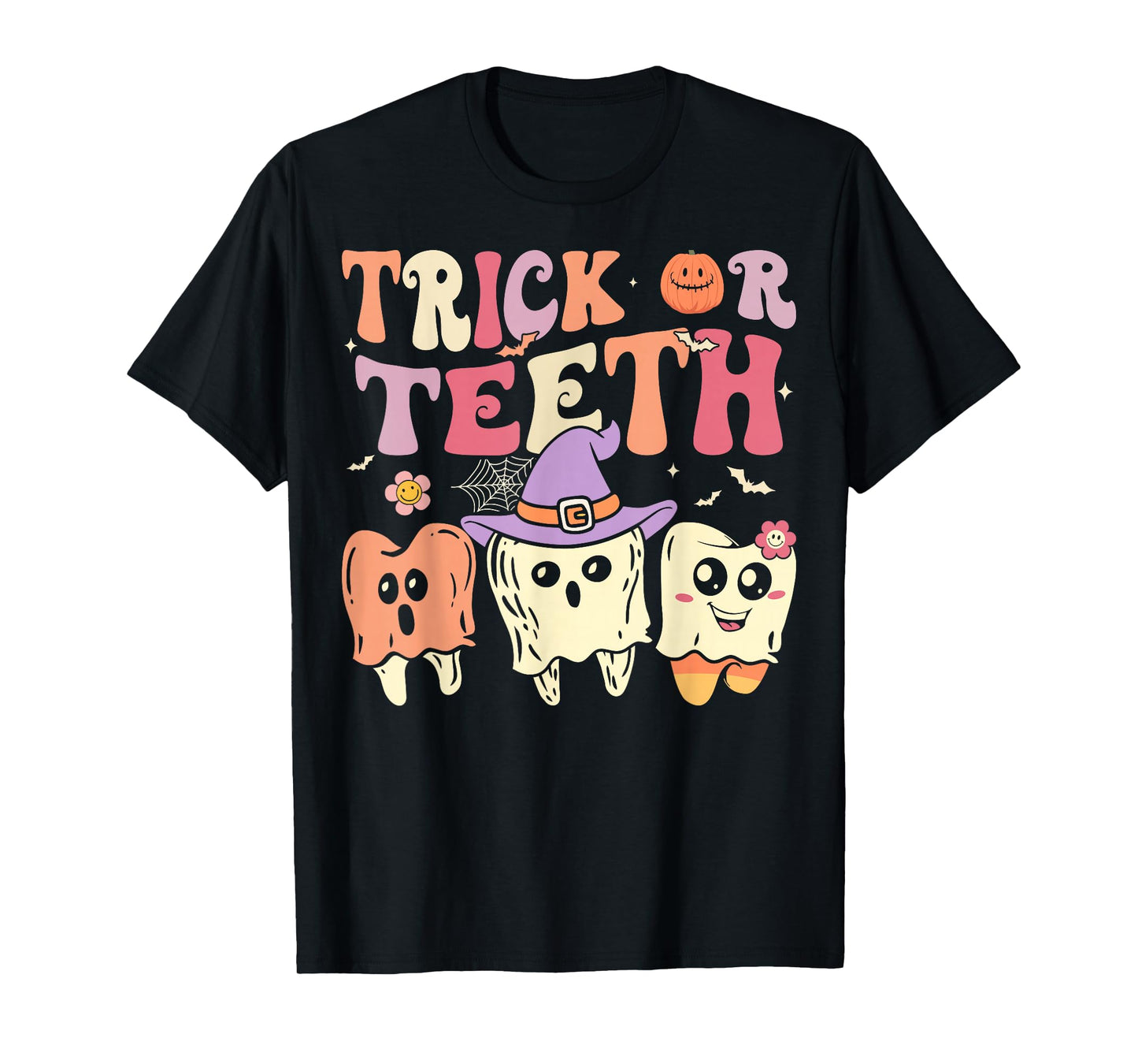 Groovy Dental Halloween Retro Trick or Teeth Floral Ghost T-Shirt