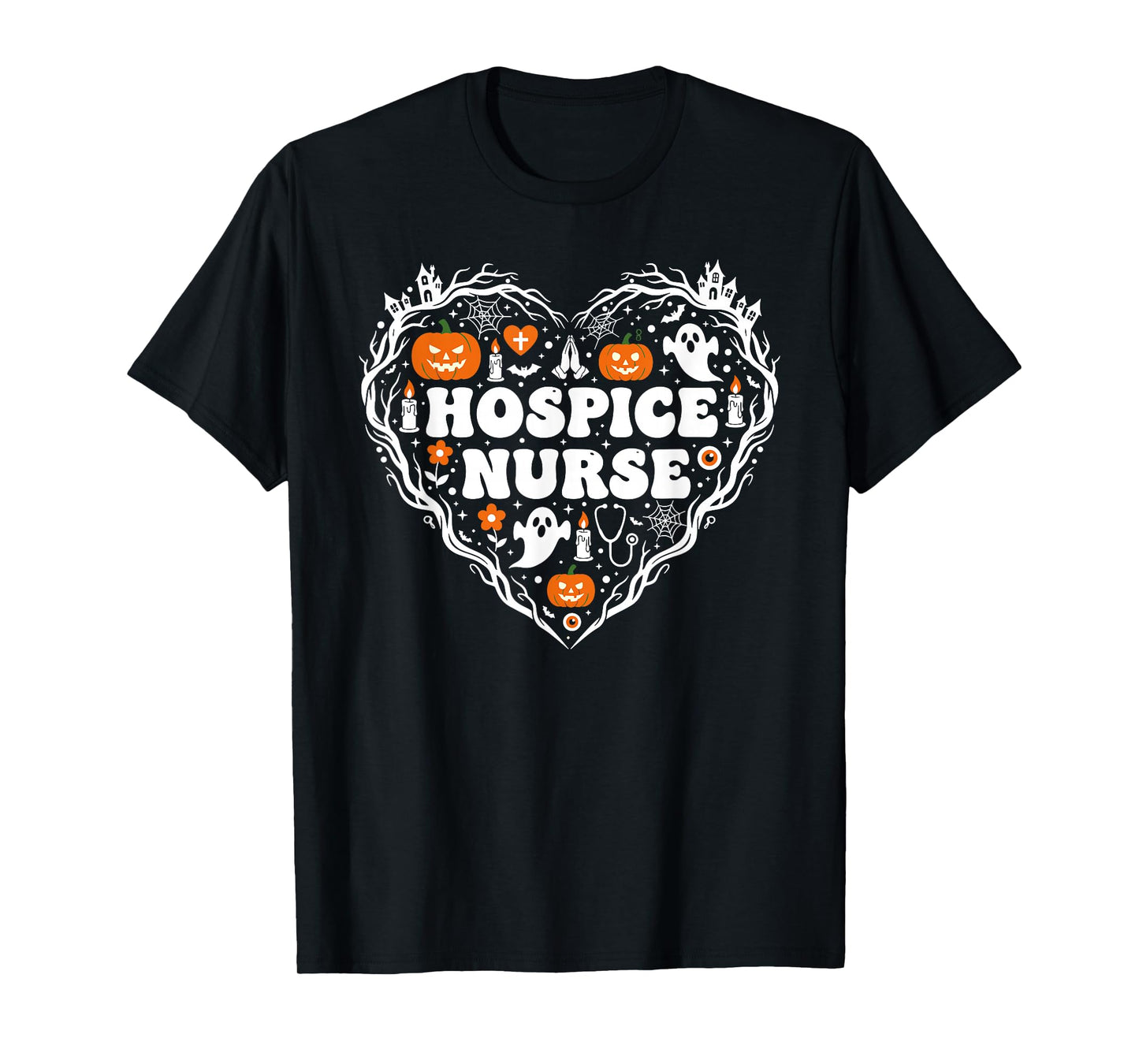Hospice Nurse Heart Pumpkin Ghost Halloween Kids Mens Womens T-Shirt