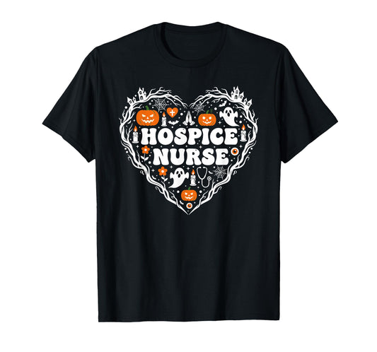 Hospice Nurse Heart Pumpkin Ghost Halloween Kids Mens Womens T-Shirt