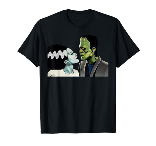 Funny Frankenstein Monster And Bride Halloween Romantic Kiss T-Shirt
