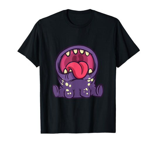 Funny cute purple monster with open mouth and T-Shirt