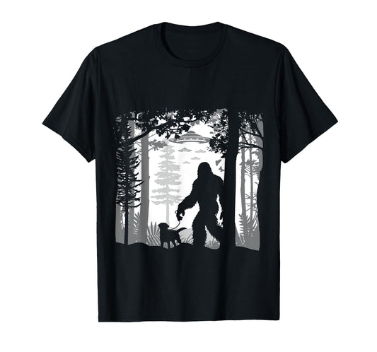 Funny Sasquatch Bigfoot Walking Dog In Woods With Alien Ufos T-Shirt