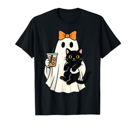 Cute Halloween Cat Ghost Drinking Coffee Ghost Women Girls T-Shirt