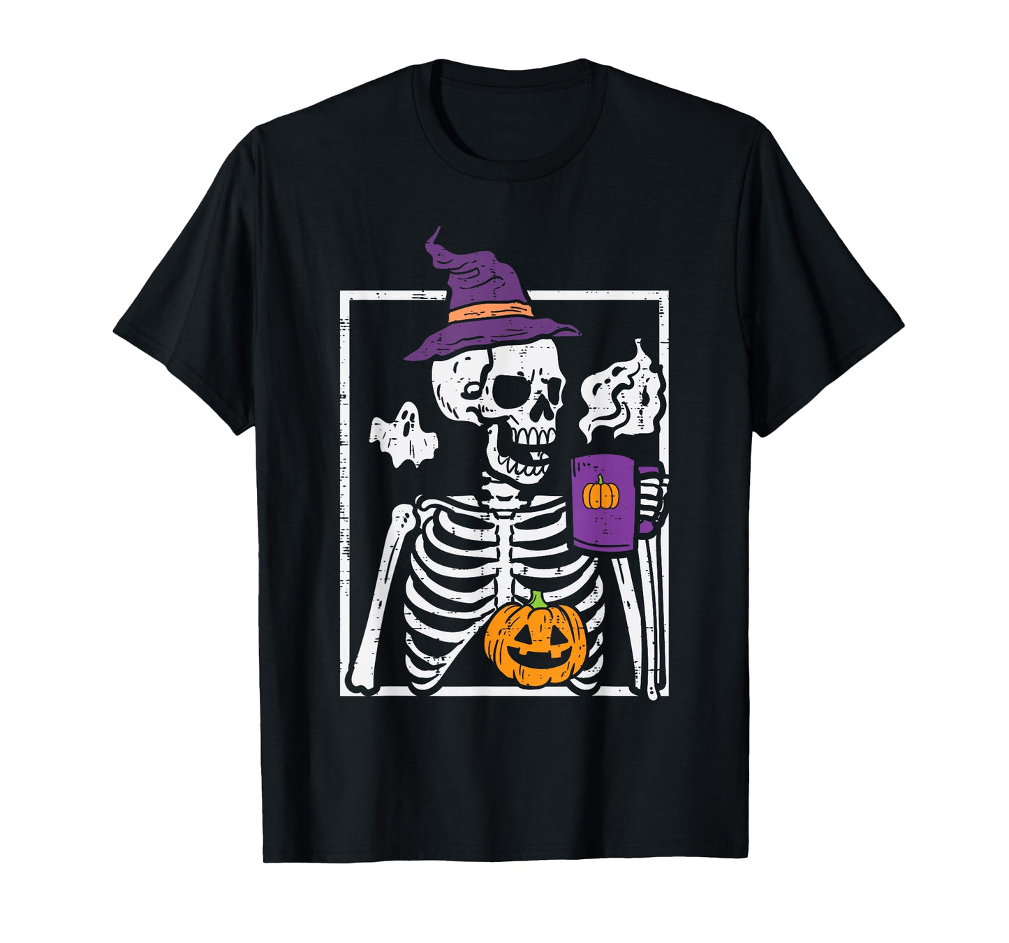 Halloween Skeleton Pumpkin Coffee Funny Costume Men Women T-Shirt