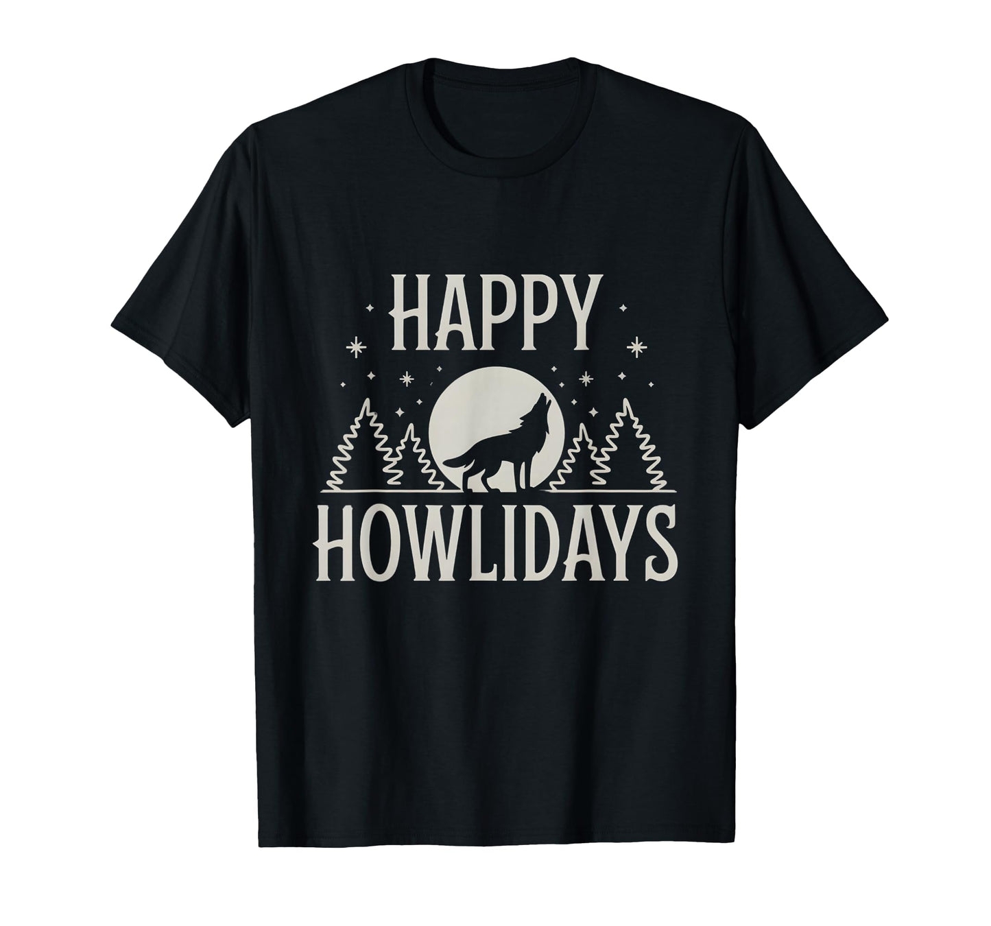 Retro Wolf Apparel Gifts Unisex Winter T-Shirt - Happy Howlidays Wolf - Funny Pun Christmas Lover - Black - Small - Short Sleeve