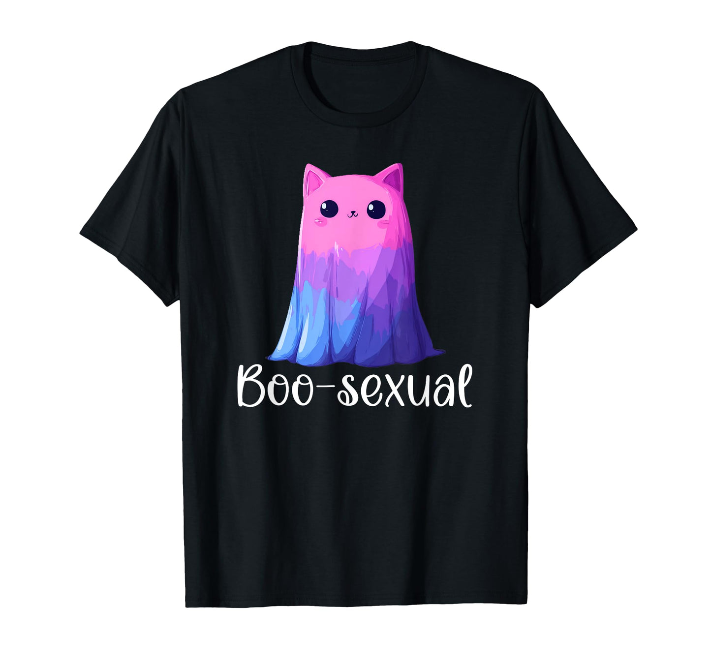 Cute Bisexual Ghost Cat in Sheet Boo-Sexual Halloween Pun T-Shirt