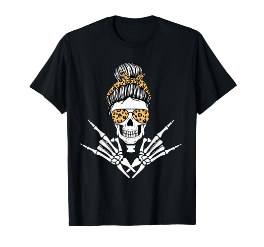 Rocker Skeleton Hand Rock On Leopard Messy Bun Halloween T-Shirt
