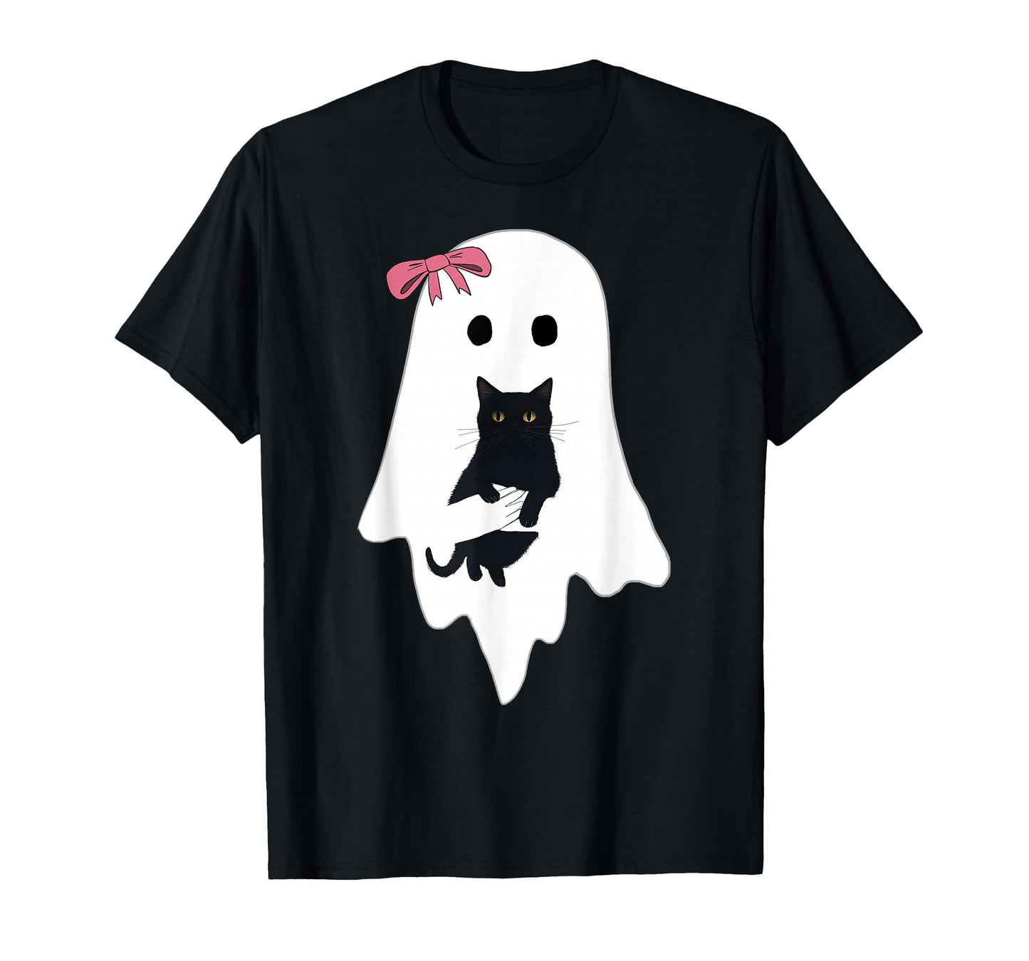 Cute Ghost Black Cat Pink Bow Funny Vintage Spooky Halloween T-Shirt