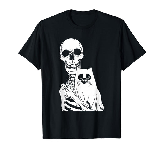 Skeleton Holding Cat Lazy Halloween Costume Skull Kitten Men Women Kids T-Shirt