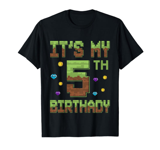 Birthday Boy It's My 5th Birthday 5 Year Old Pixel Gamer T-Shirt