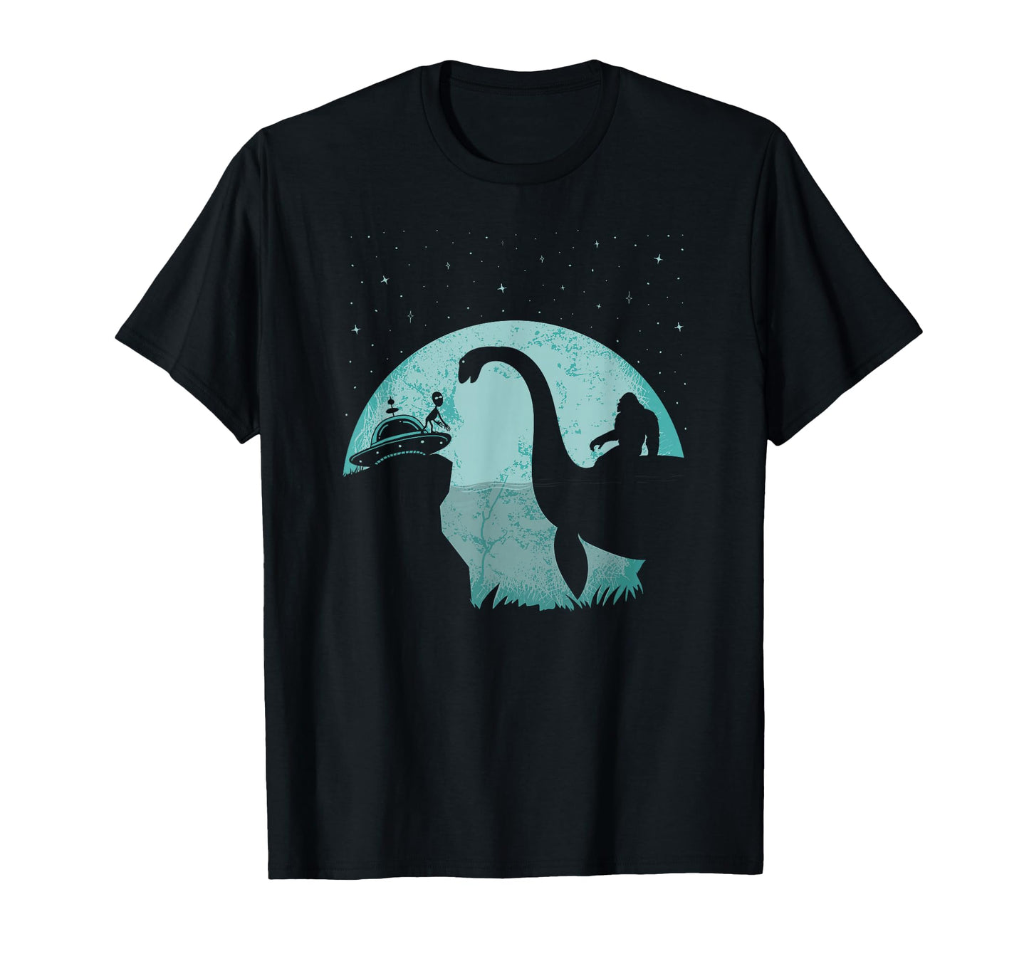 Bigfoot Riding Loch Ness Monster Sasquatch Ufo Abduction T-Shirt
