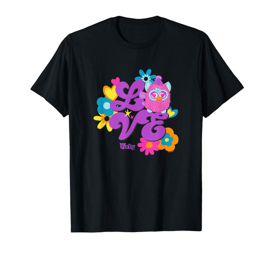 Furby Groovy Vintage Love 70's Rainbow Floral Purple Logo T-Shirt