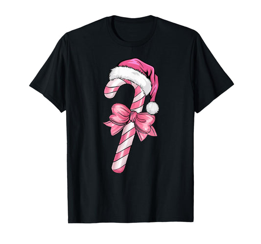 Pink Candy Cane Santa Christmas Xmas Coquette Bow Kids Girls T-Shirt