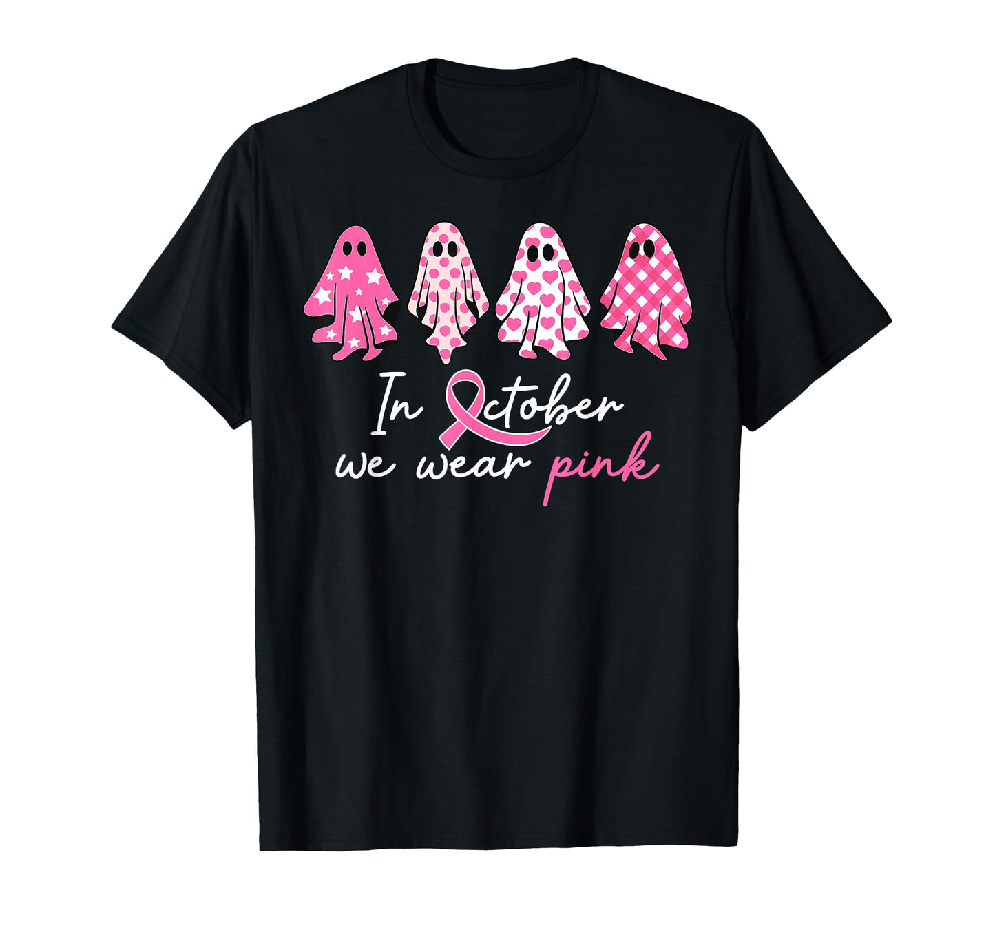 in October We Wear Pink Ghost Witch Breast Cancer Awareness T-Shirt
