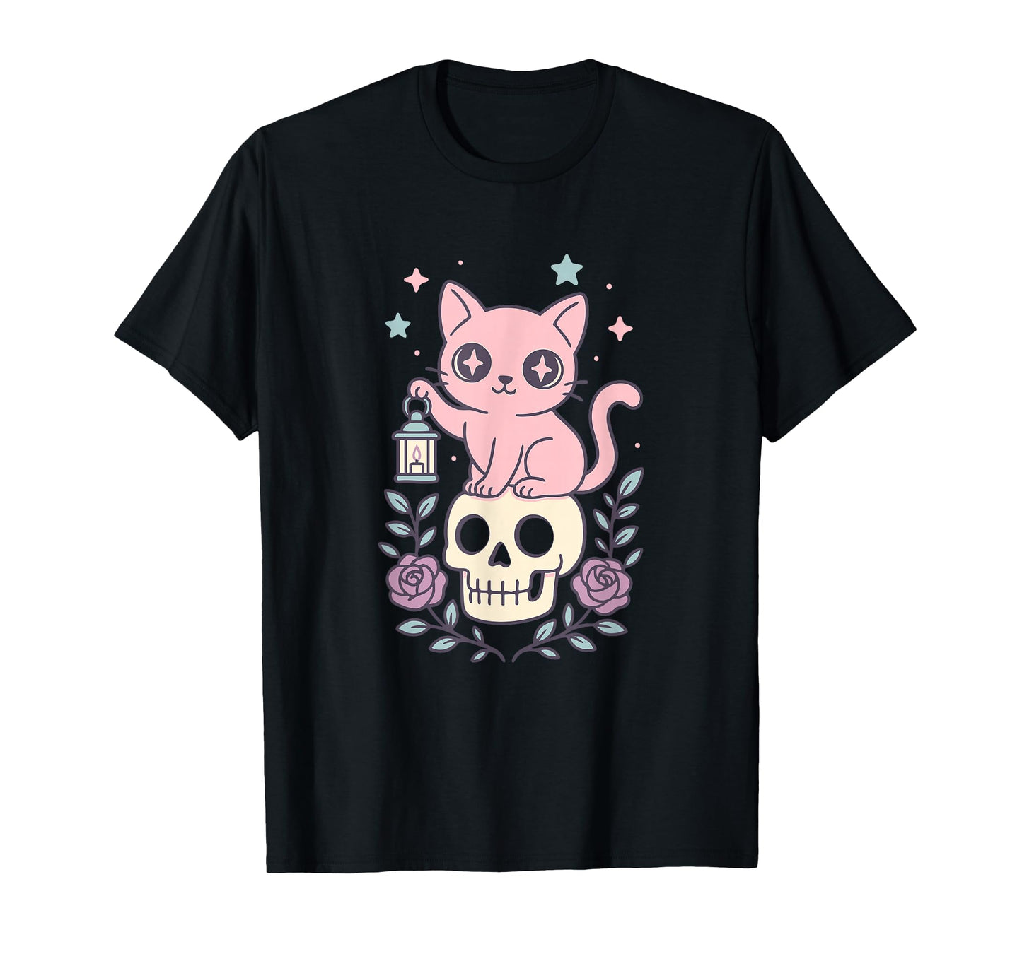 Kawaii Pastel Goth Cat Anime Inside Skull Lantern with Stars T-Shirt