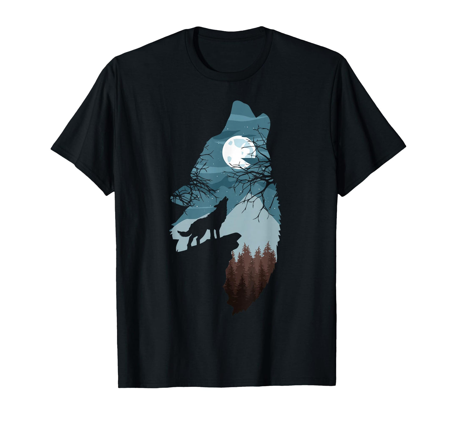 Forest with Full-Moon and Cliff Of Silhouette Howling Wolf T-Shirt