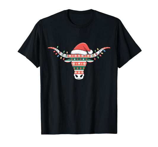 White Longhorn Ugly Christmas Sweater Santa hat Horn Antlers T-Shirt