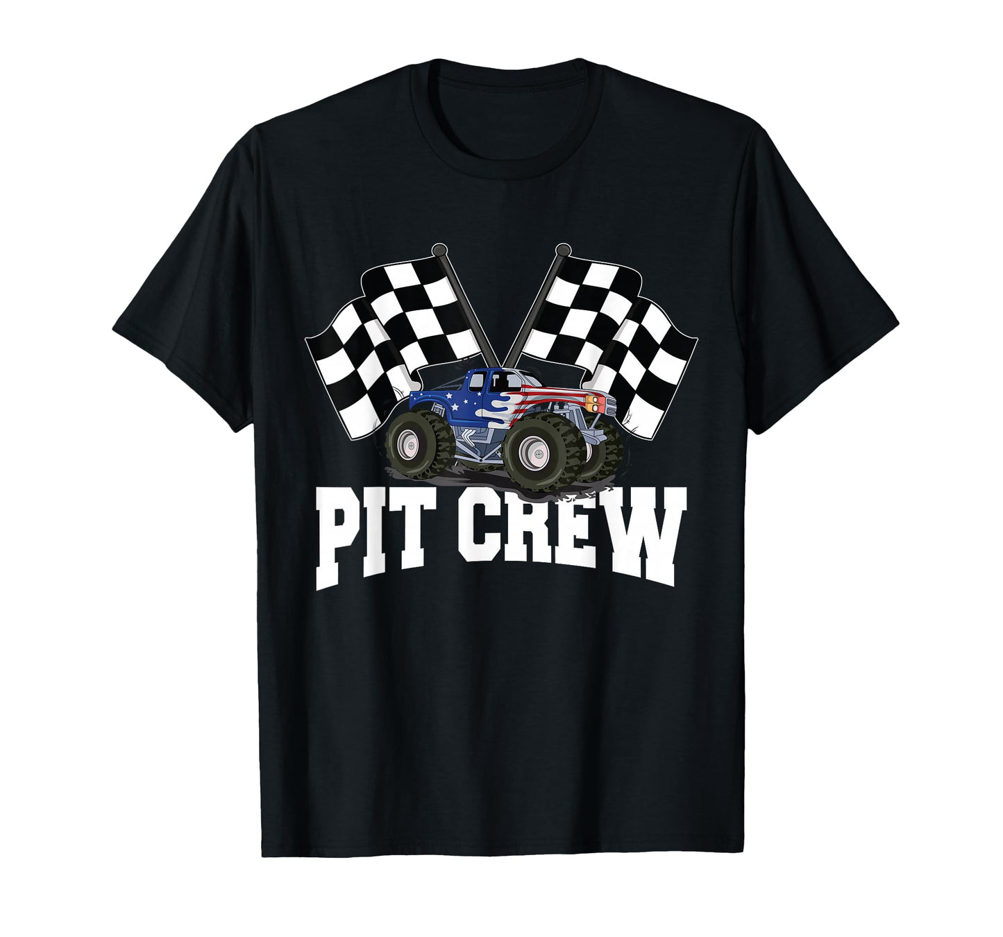 Pit Crew USA Monster Truck Racing Party And Checked Flag T-Shirt