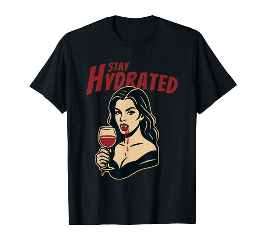 Retro Vampire Pin-Up Stay Hydrated Gothic Humor Wine Glass T-Shirt
