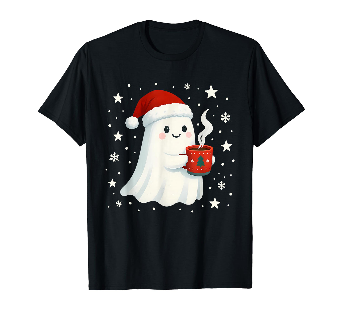 Cute Christmas Ghost with Hot Cocoa Santa Hat Winter Holiday T-Shirt