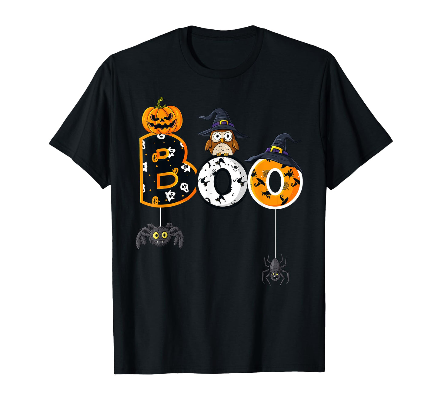 Halloween Boo Owl With Witch Hat Spiders Boys Girls Kids T-Shirt