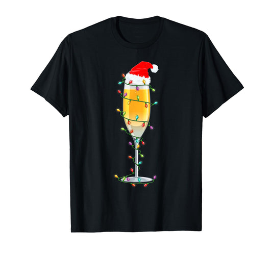 Glass of Champagne Santa Hat Xmas Lights Merry Christmas PJS T-Shirt
