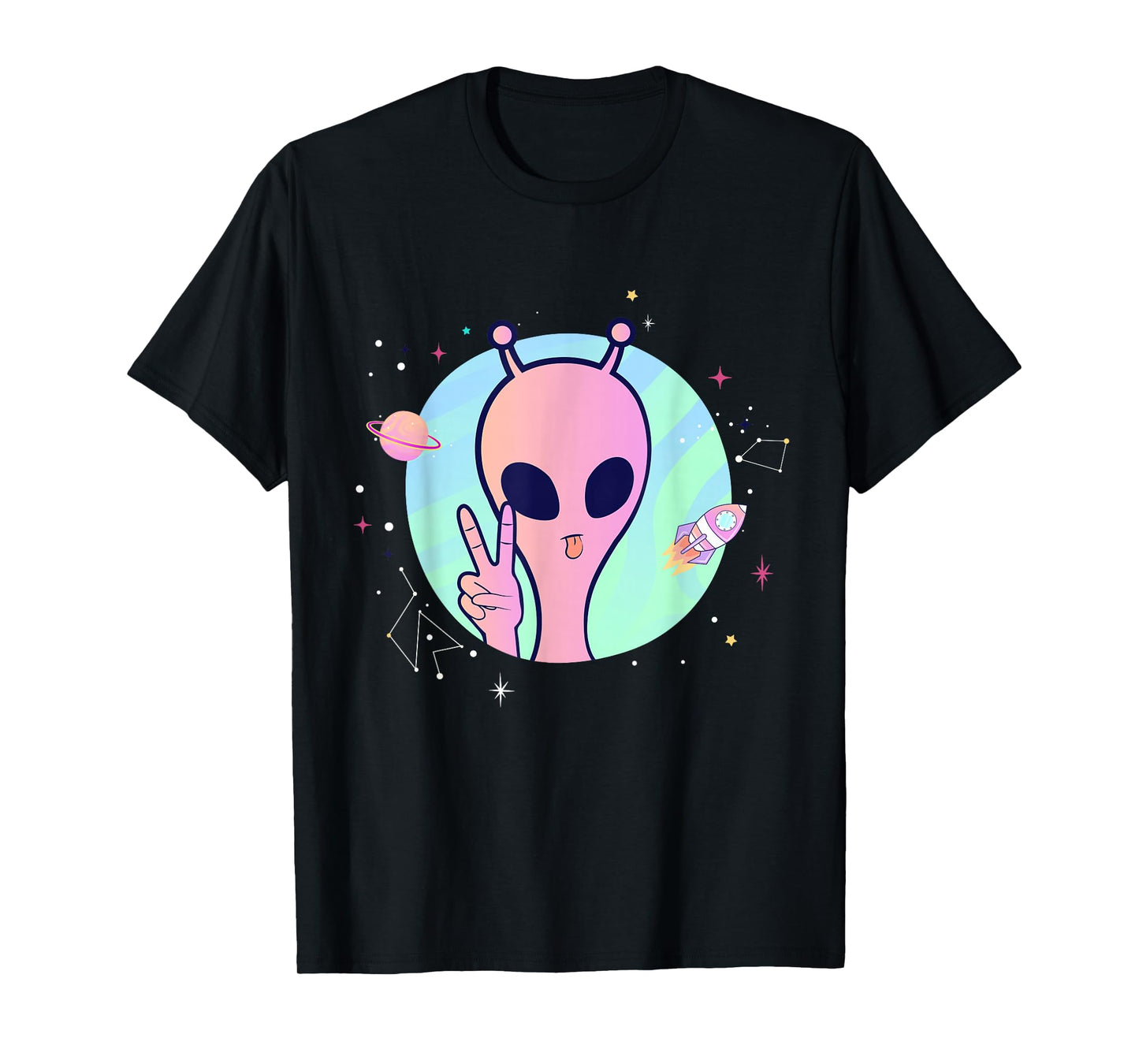 Peace Sign Hand Planet Stars UFO Cool Trippy Pink Alien T-Shirt