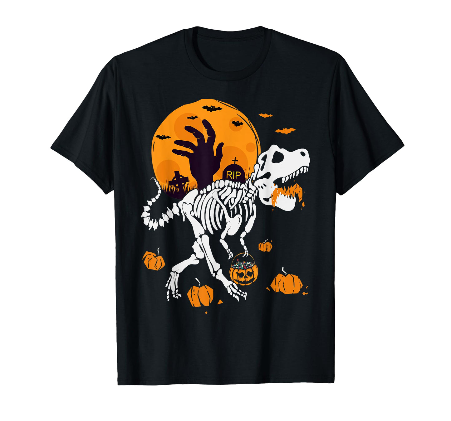 Pumpkin Trex with Moon Halloween Dinosaur Skeleton T-Shirt