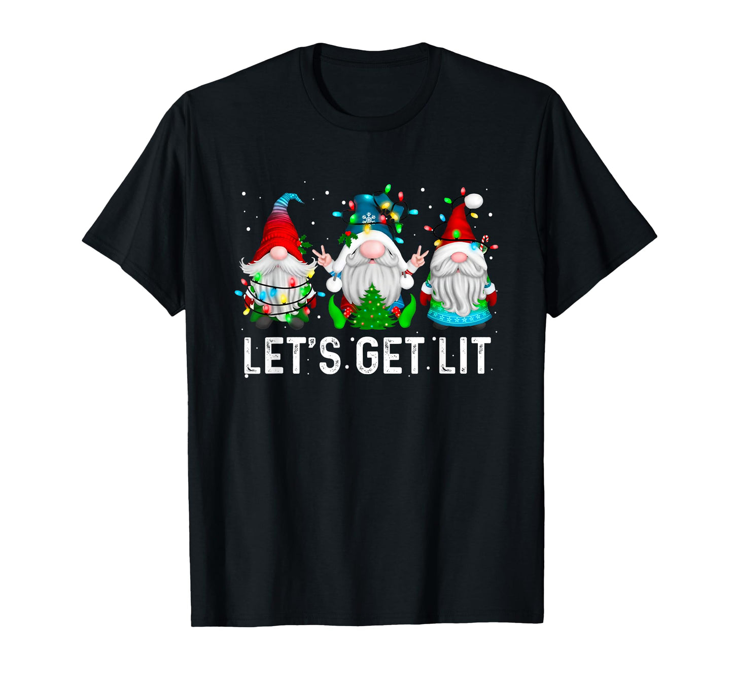 Let's Get Lit Funny Gnome Christmas Drinking Xmas Lights T-Shirt