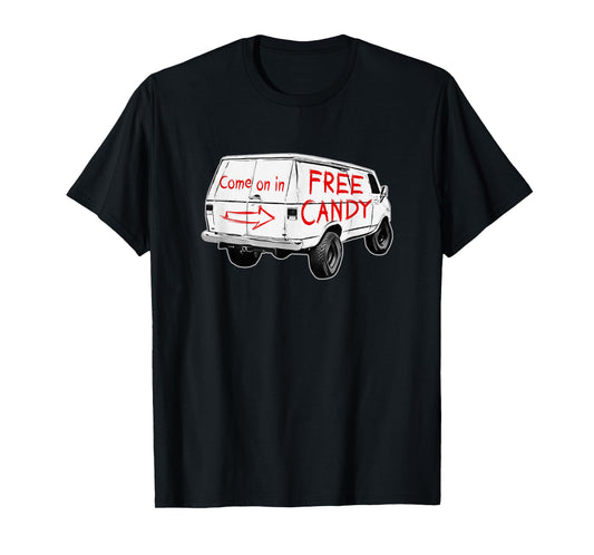 Redds Threads Unisex-Adults T-Shirt - Free Candy - Come On In - Creepy Van - Black - Small - Short Sleeve - Modern - Humorous Design