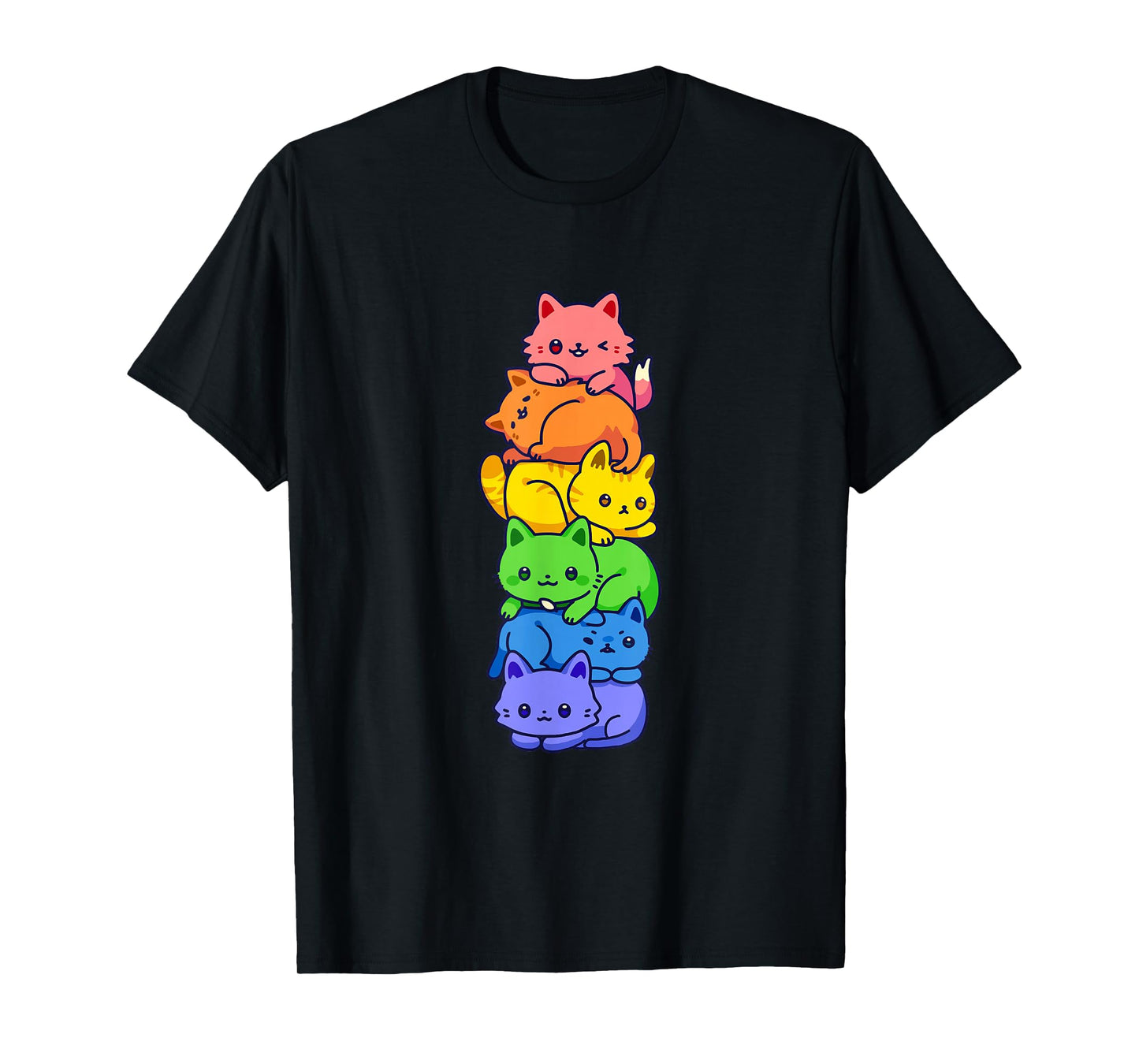 Gay Pride Cat LGBT Kawaii Cats Pile Cute Anime Rainbow Flag T-Shirt Small
