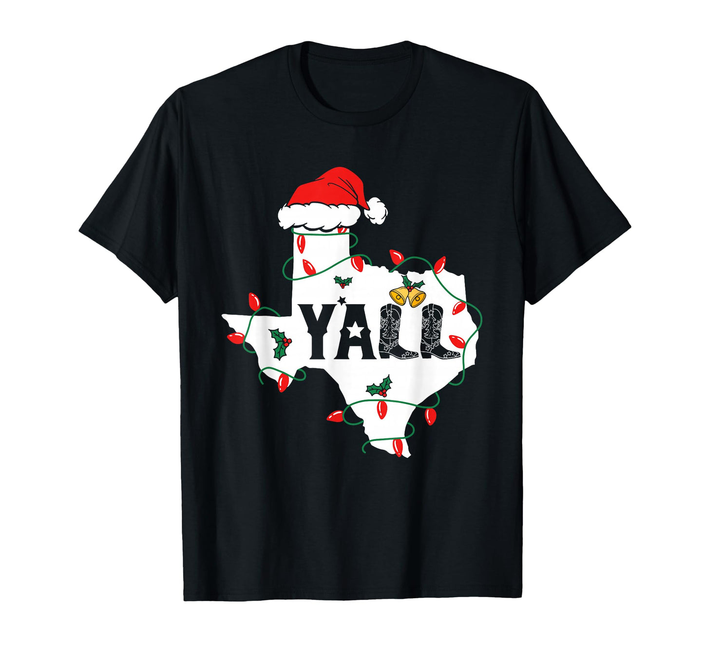 Merry Christmas Y'all Texas Map Santa Hat Lights T-Shirt