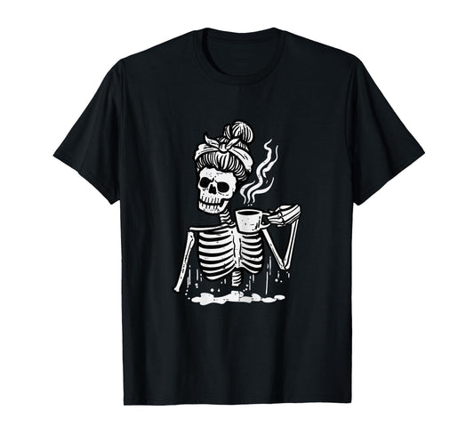 Halloween Skeleton Messy Bun Coffee Funny Costume Mom Women T-Shirt