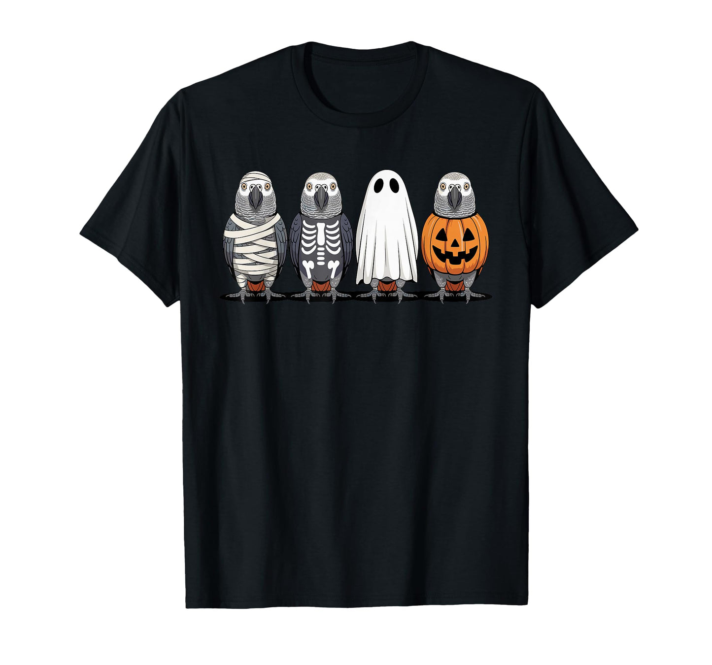 Spooky Ghost African Grey Parrot Pumpkin Halloween Skeleton T-Shirt