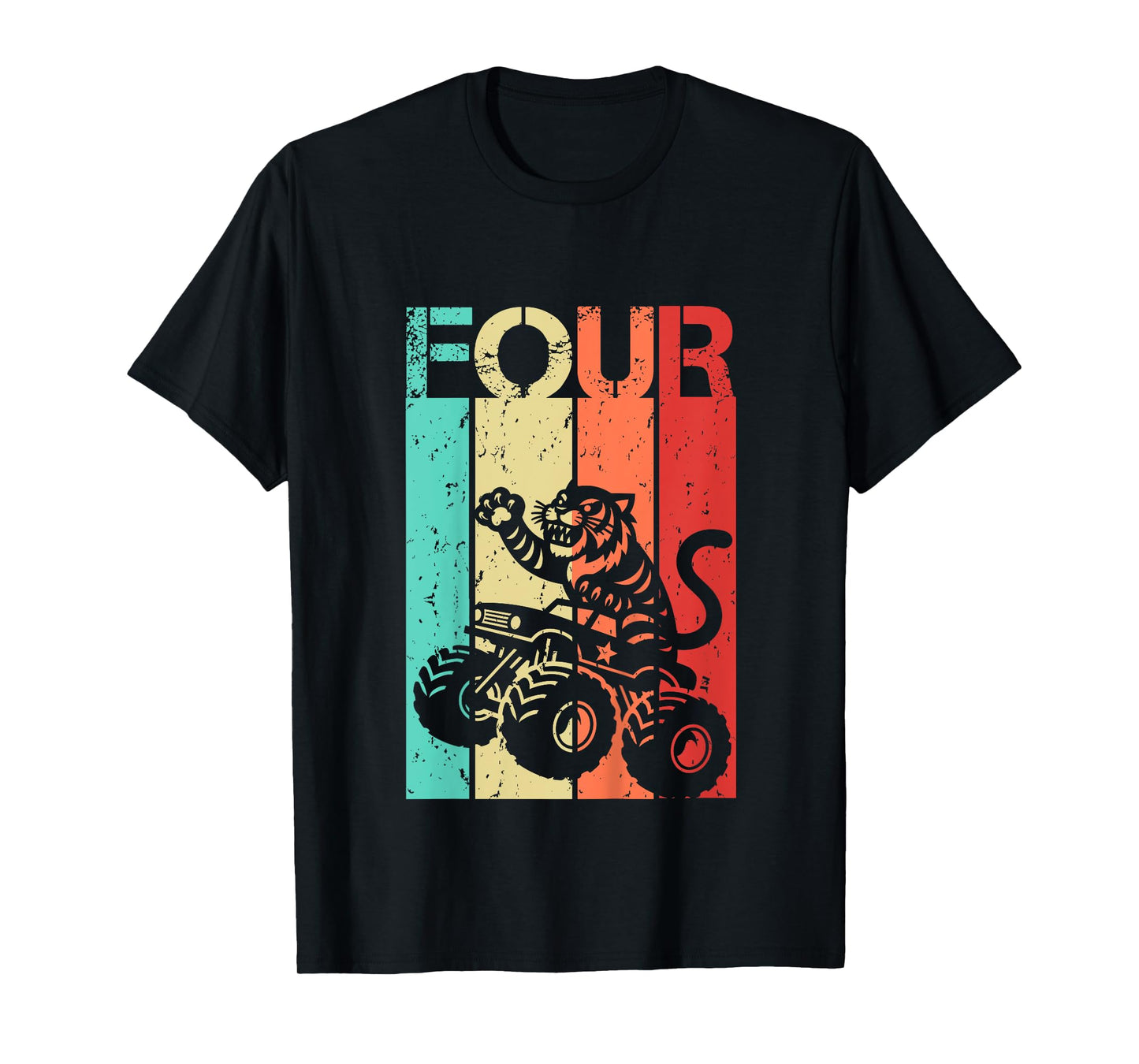 Kids 4th Birthday Boy Girl 4 Year Old Tiger And Monster Truck T-Shirt