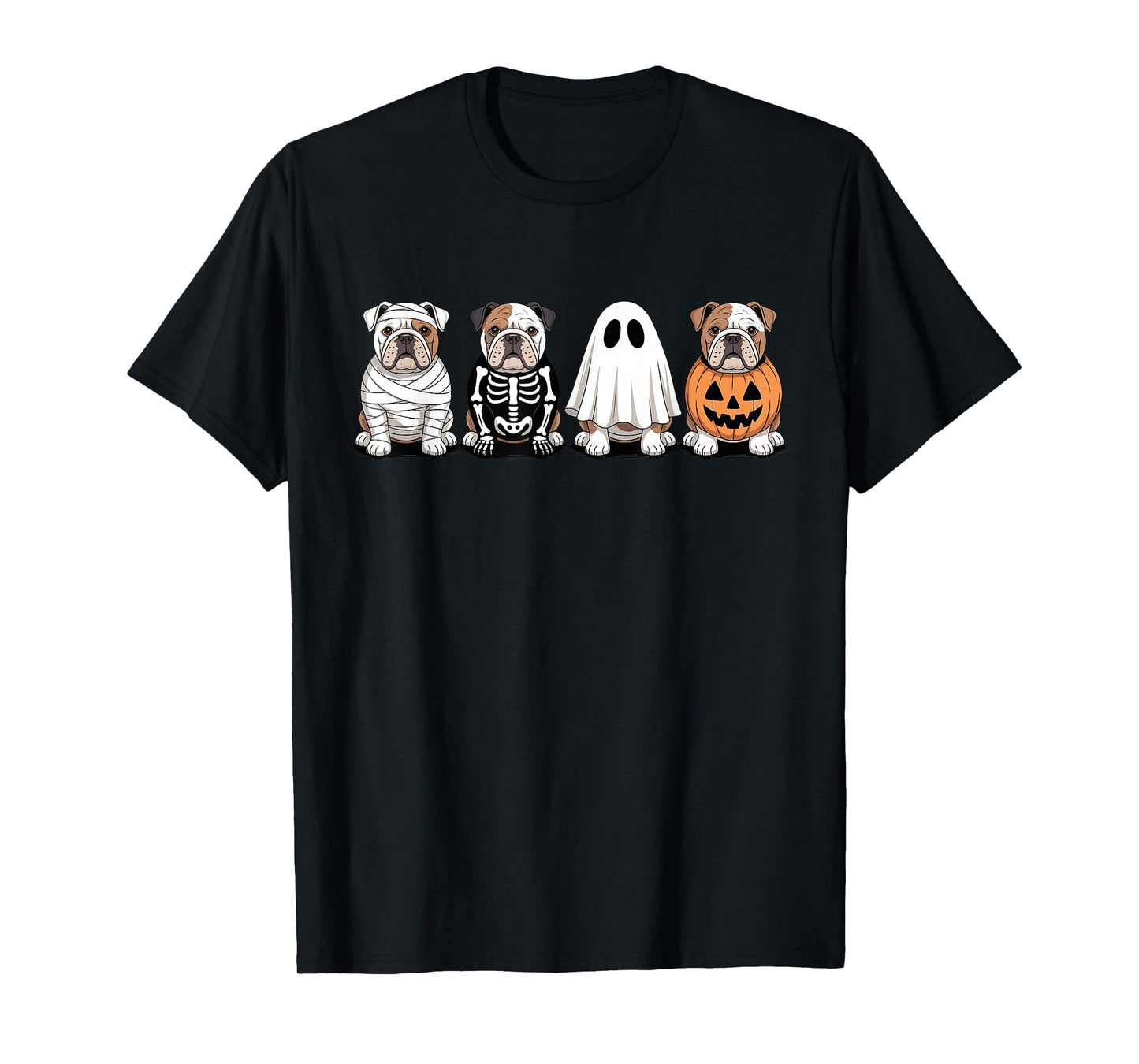 Spooky Ghost English Bulldog Pumpkin Halloween Dog Skeleton T-Shirt