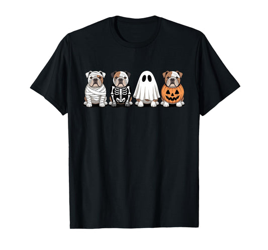 Spooky Ghost English Bulldog Pumpkin Halloween Dog Skeleton T-Shirt