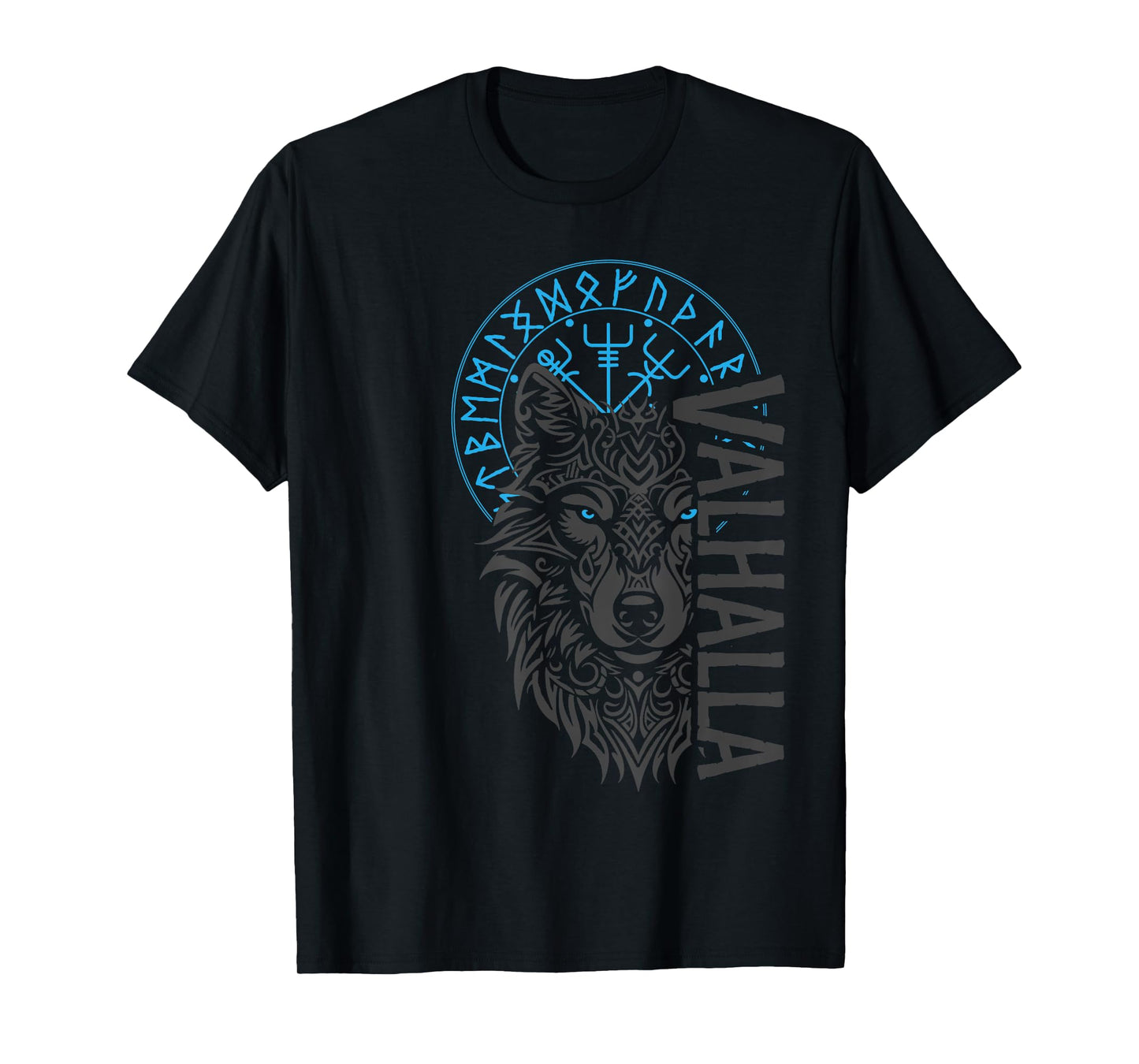 Valhalla & Viking Compass - Nordic Wolf Design T-Shirt, Small, Black