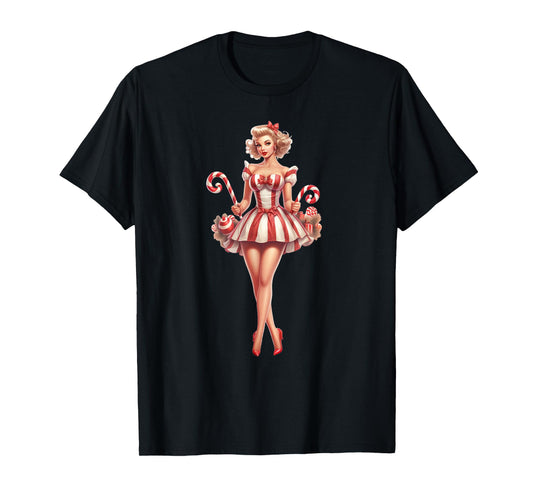 Christmas Pinup Girl With Christmas Candy T-Shirt