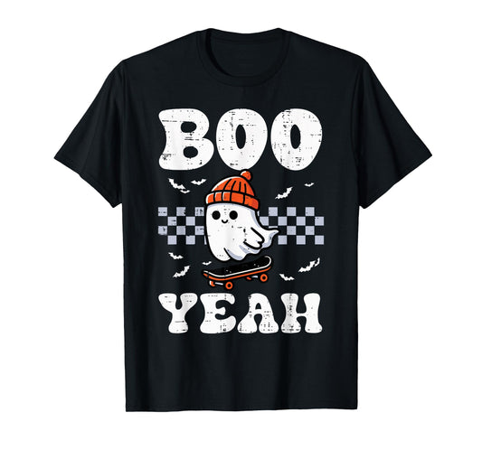 Halloween Ghost Skateboard Boo Yeah Costume Boys Kids Men T-Shirt