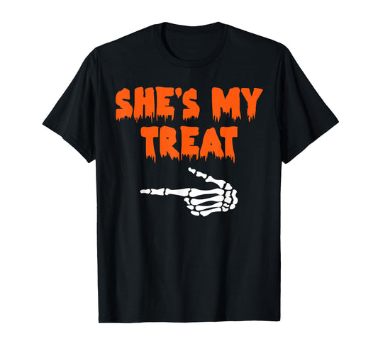 Halloween She's My Treat Funny Ghost Skeleton Spooky Couples T-Shirt